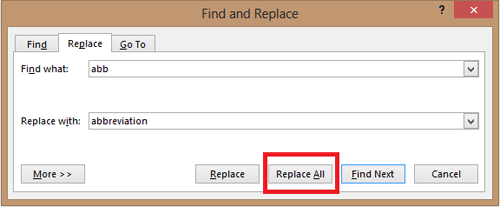 Find and Replace, Replace All Button